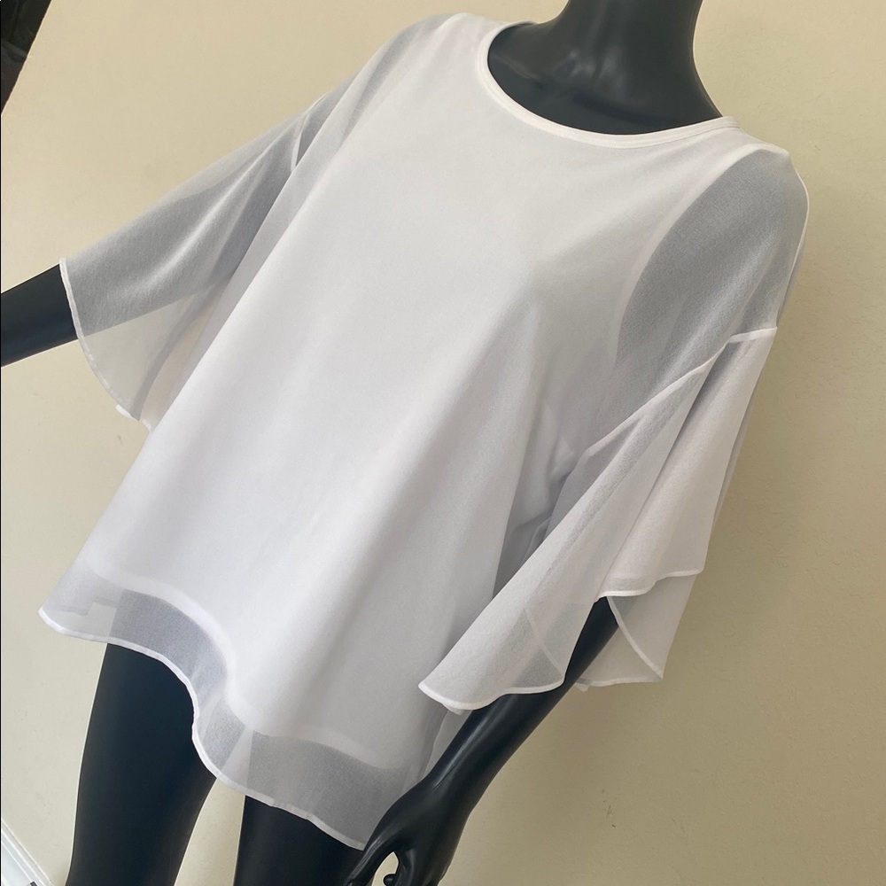 Donna Karan White Sheer Ruffle Sleeve Blouse - Picture 4 of 12
